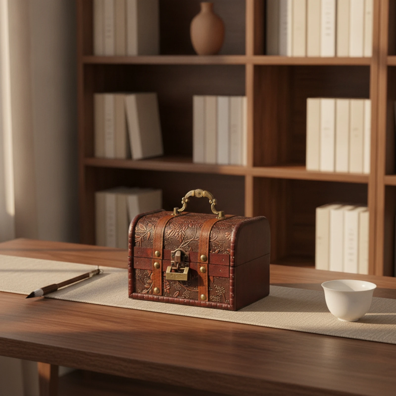 Wooden Chest with Curved Lid Vintage Wooden Storage Chest with Handle Jewelry Organizer with Lock Embossed Decorative for Desks