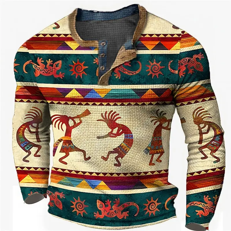 Camiseta De Manga Larga De Botones Masculinos Henley Camisa Impresa En 3D De Estilo Nacional Nueva Ropa Retro De Primavera