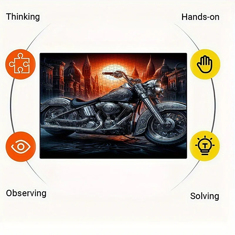1000pcs Paper Puzzle, DIY Jigsaw (Cool Motorcycle, Gothic Architecture Background) Adult Puzzle, Suitable for Home Decor Puzzl