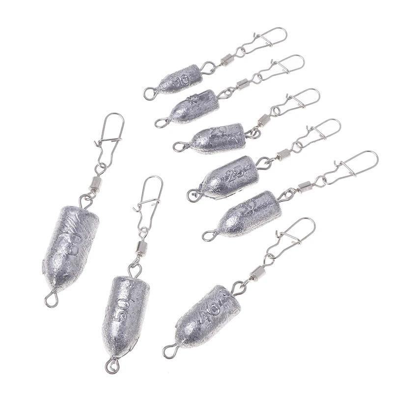 2Pcs 10 15 20 25 30 40 50 60g Fishing Tackle Fishing Sinkers Weights Bullet Sinker Rolling Swivel With Interlock Snap Connector