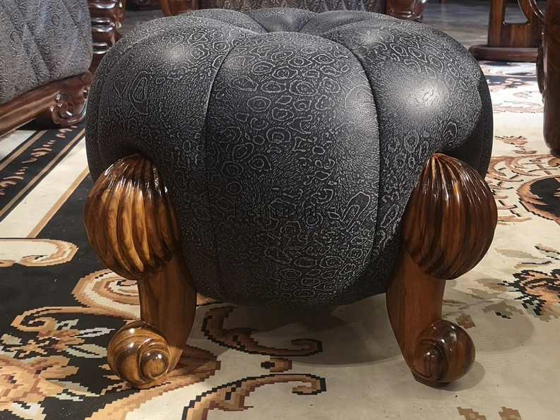 Imported African Golden Wood Solid Wood Carved Leather Pumpkin Small Low Stool