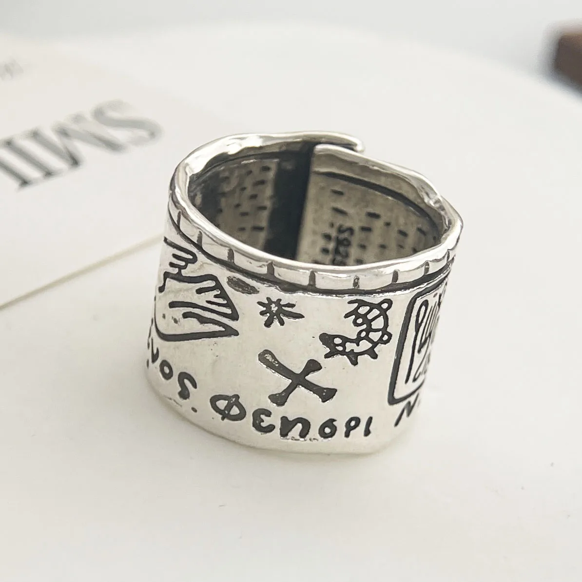 Women's 925 Sterling Silver Minimalist Wide Pattern Ring, Handmade