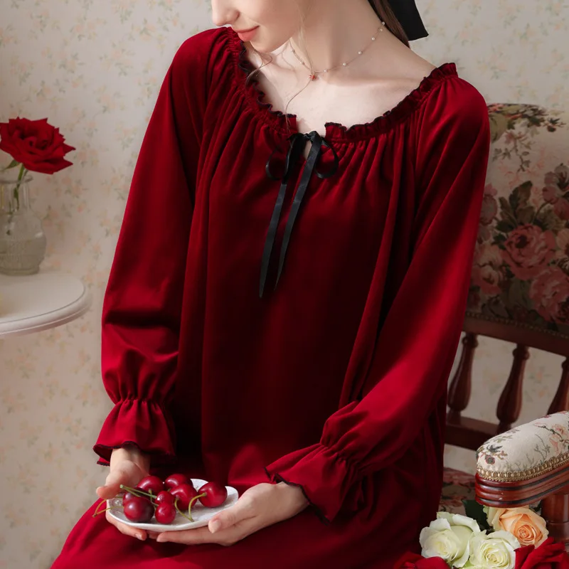 Women Winter Elegant Vintage Princess Velvet Nightdress Ruffles Robe Lace Romantic Sleepwear Drawstring Victorian Nightgowns