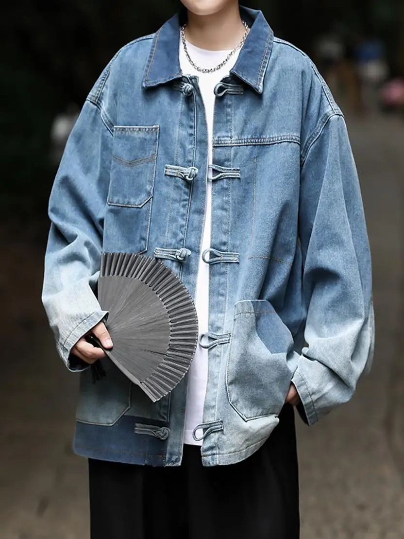 

Waed adual Color Retro Chinese Sle Loose Jeans Jaet for Men Spring Autumn Season Turn-down Collar Patchwork Jaet