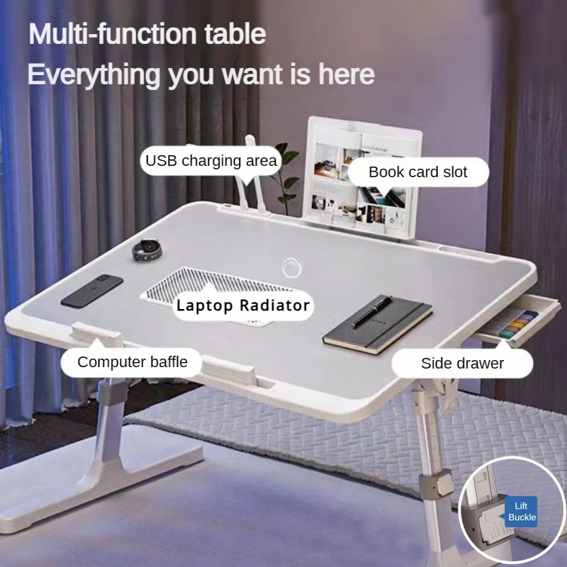 Foldable Lift Laptop Desk for Bed with Radiator Adjustable Stand Lap Table Breakfast Tray Desk with Drawer for Working Gaming