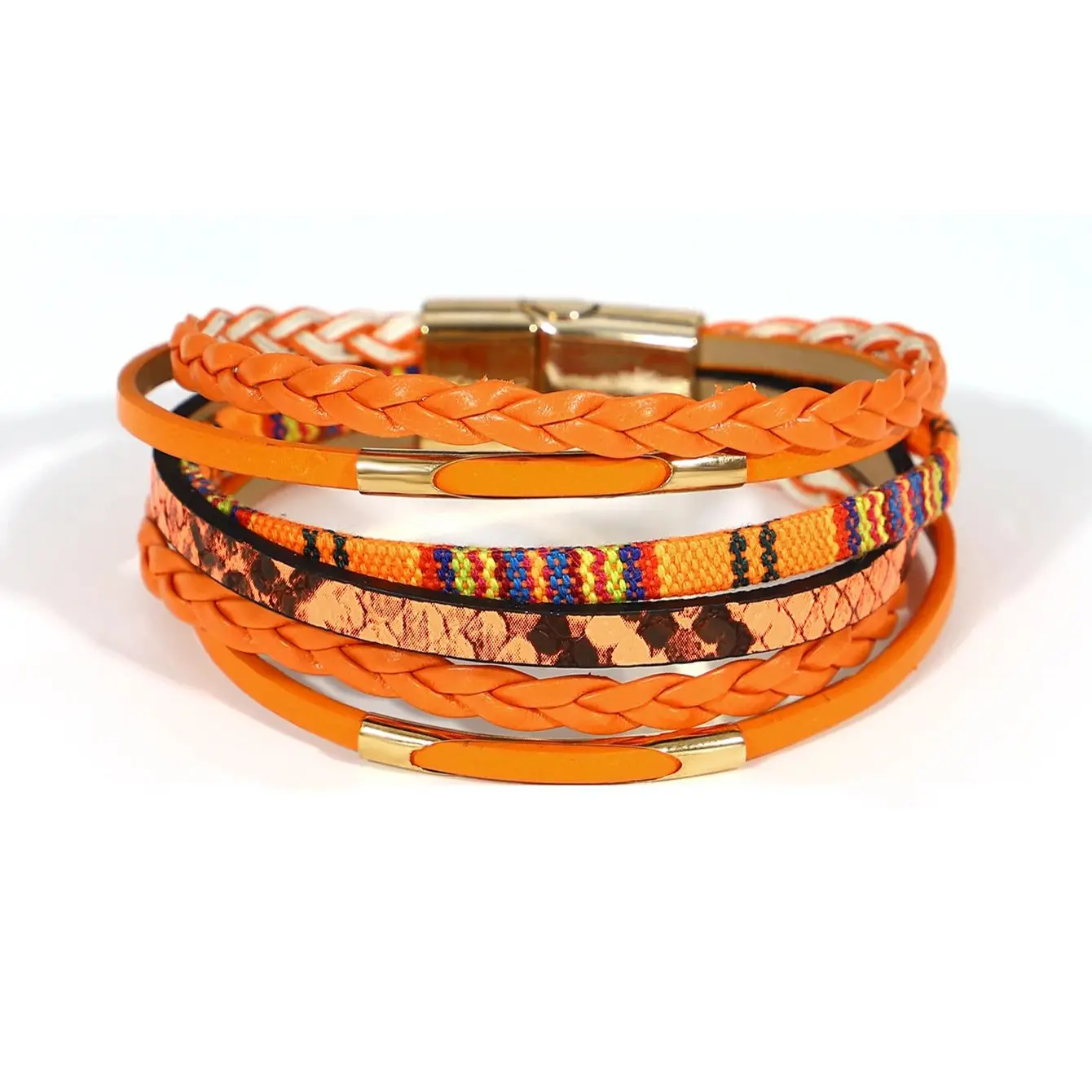 Amorcome Multilayer Braided Wrap Bracelet for Women Men Charm Orange Color Leather Bracelets & Bangles Female Jewelry Gifts