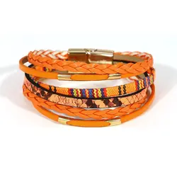 Amorcome Multilayer Braided Wrap Bracelet for Women Men Charm Orange Color Leather Bracelets & Bangles Female Jewelry Gifts