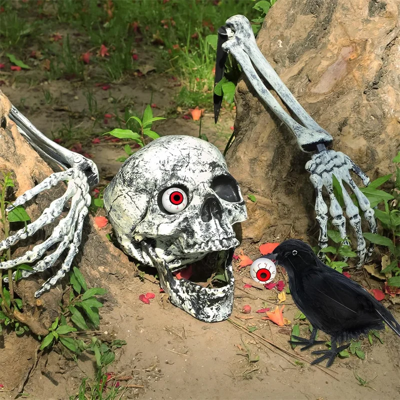 Estacas de esqueleto realistas con cuervo y ojos rojos, juego de manos y calaveras de zombis para decoración de jardín, césped y patio de cementerio