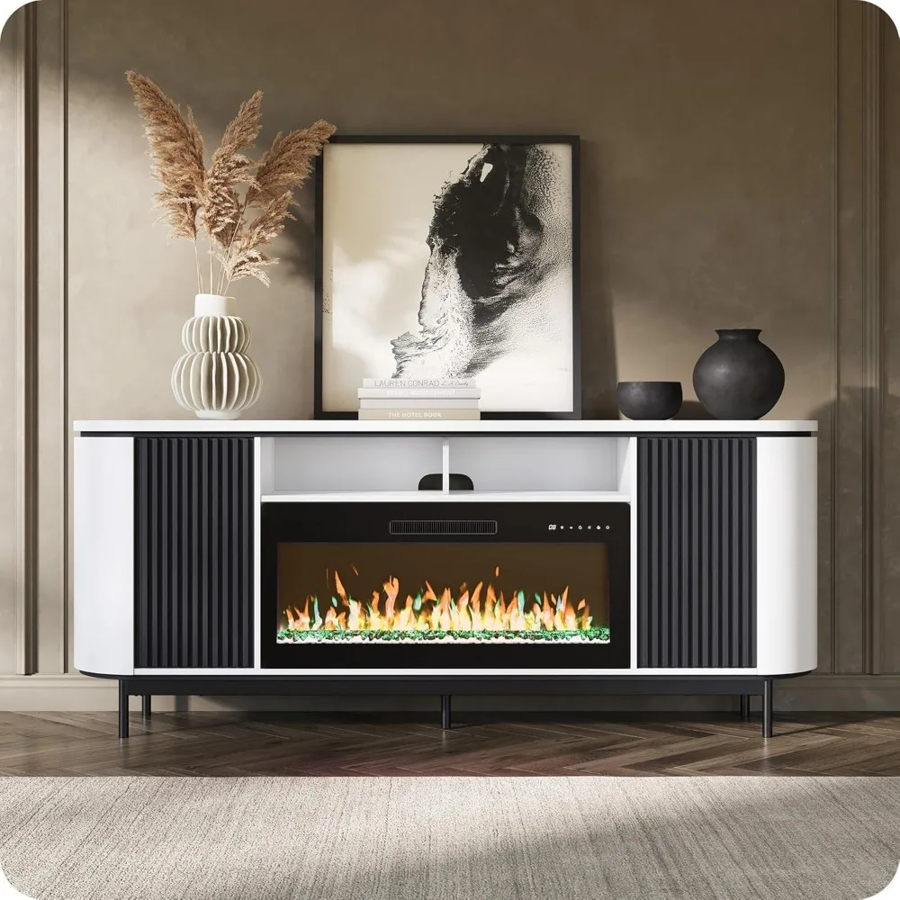 

76" Curved Profile TV Stand with 36" Electric Fireplace, Large Entertainment Center with Storage for TVs up to 80"