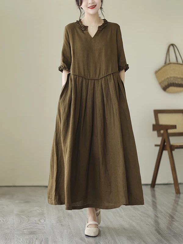 Retro Sle Women's Loose Cotton Linen Dr with Lace Collar Large Hemline Breathable Summer Faion Sun Protection Skirt