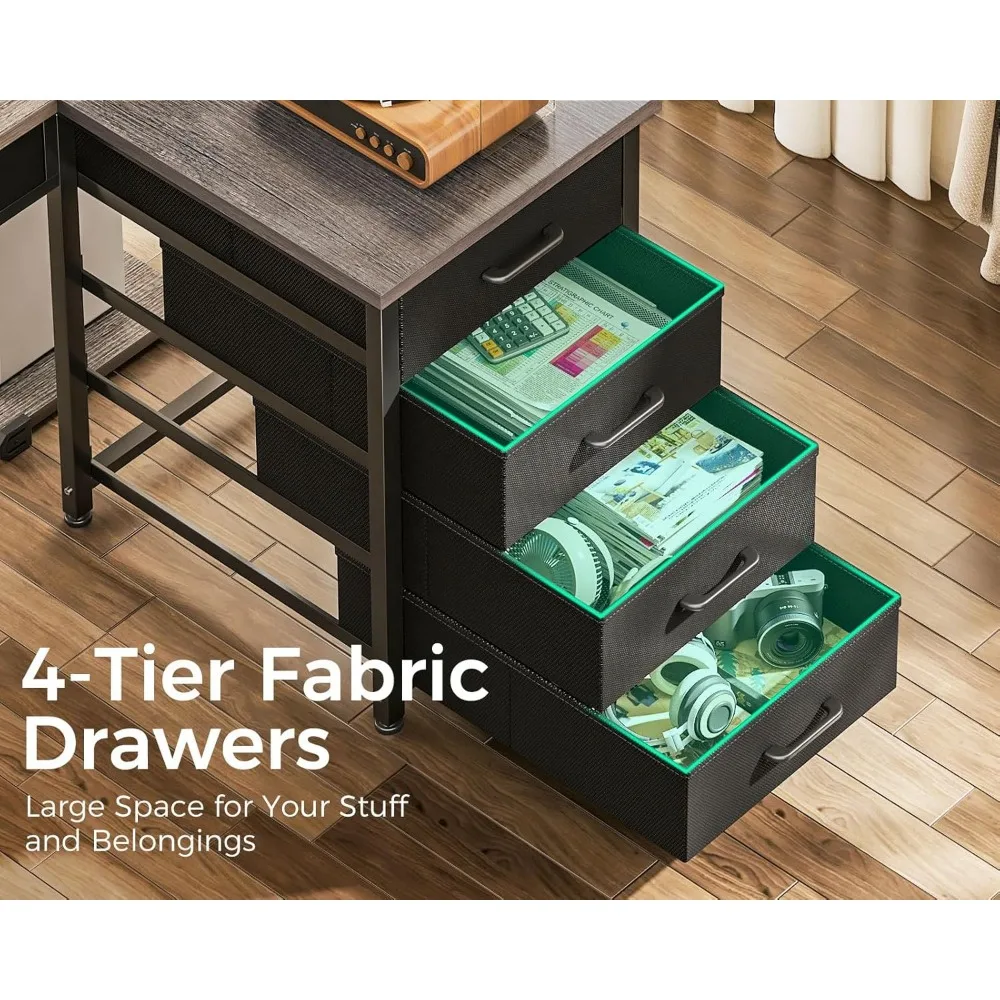 L Shaped Desk with 7 File Drawers, Gaming Desk with LED Light & Power Outlet, Reversible Home Office Desk with Monitor Shelf