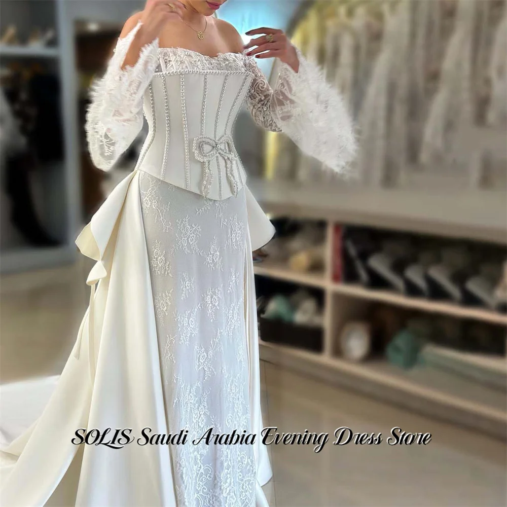 

SOLIS White 프롬 드레 Off the Shoulder Prom Gown Long Sleeve Party Dresses for Formal Event Pearls and Bow Elegant Customized