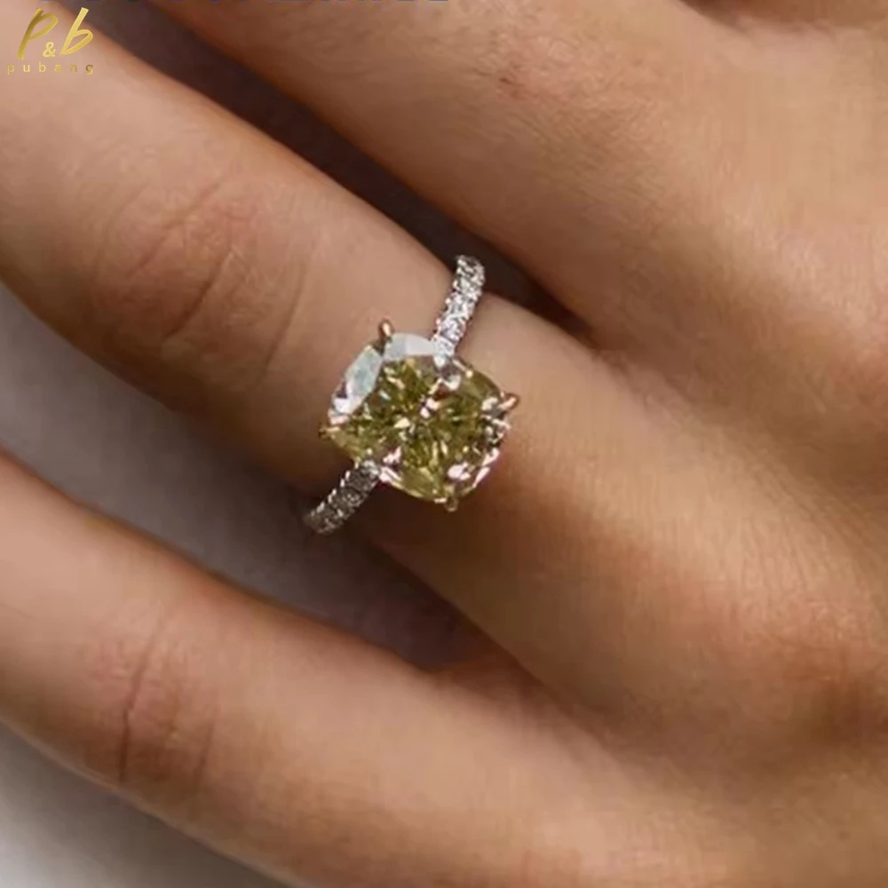 

PuBang 3EX VVS1 Real 5.5 Carat Yellow Moissanite Rings Cushion Cut 18k Gold Two-Tone Fine Jewelry for Wedding Engagement Gifts