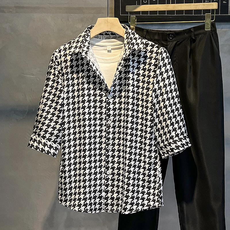

2024 Retro Hiphop Plaid Short Sleeve Shirt Men Fashion Brand Shirts Personalized Loose Casual Coat for Summer Male Bloue Z31
