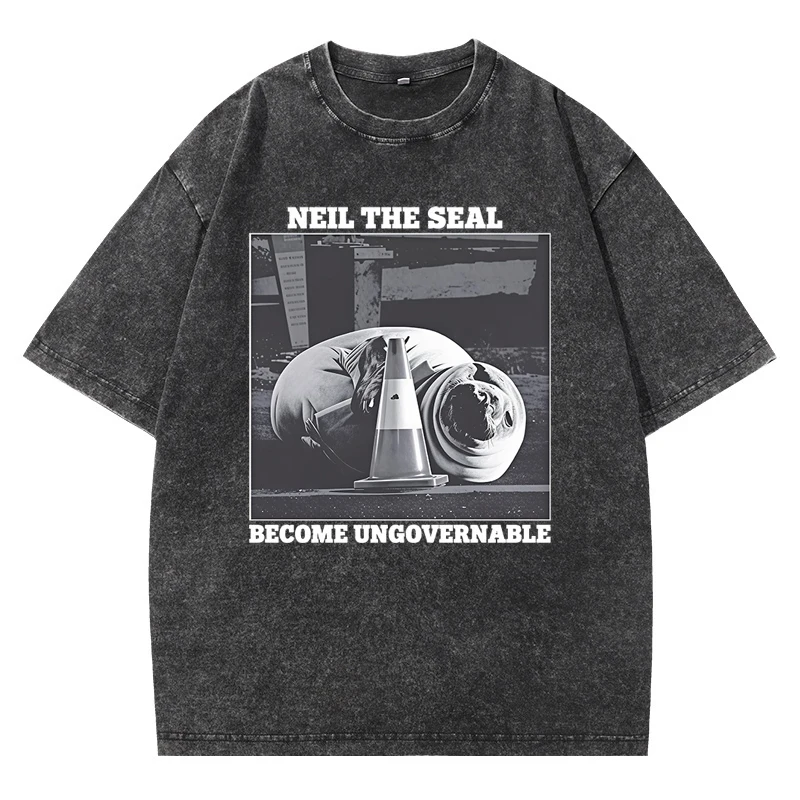Vintage Neil The Seal Become Ungovernable T-Shirt Women Men Coastal Animal T Shirt Funny Graphic Tee Cotton Washed Round Neck