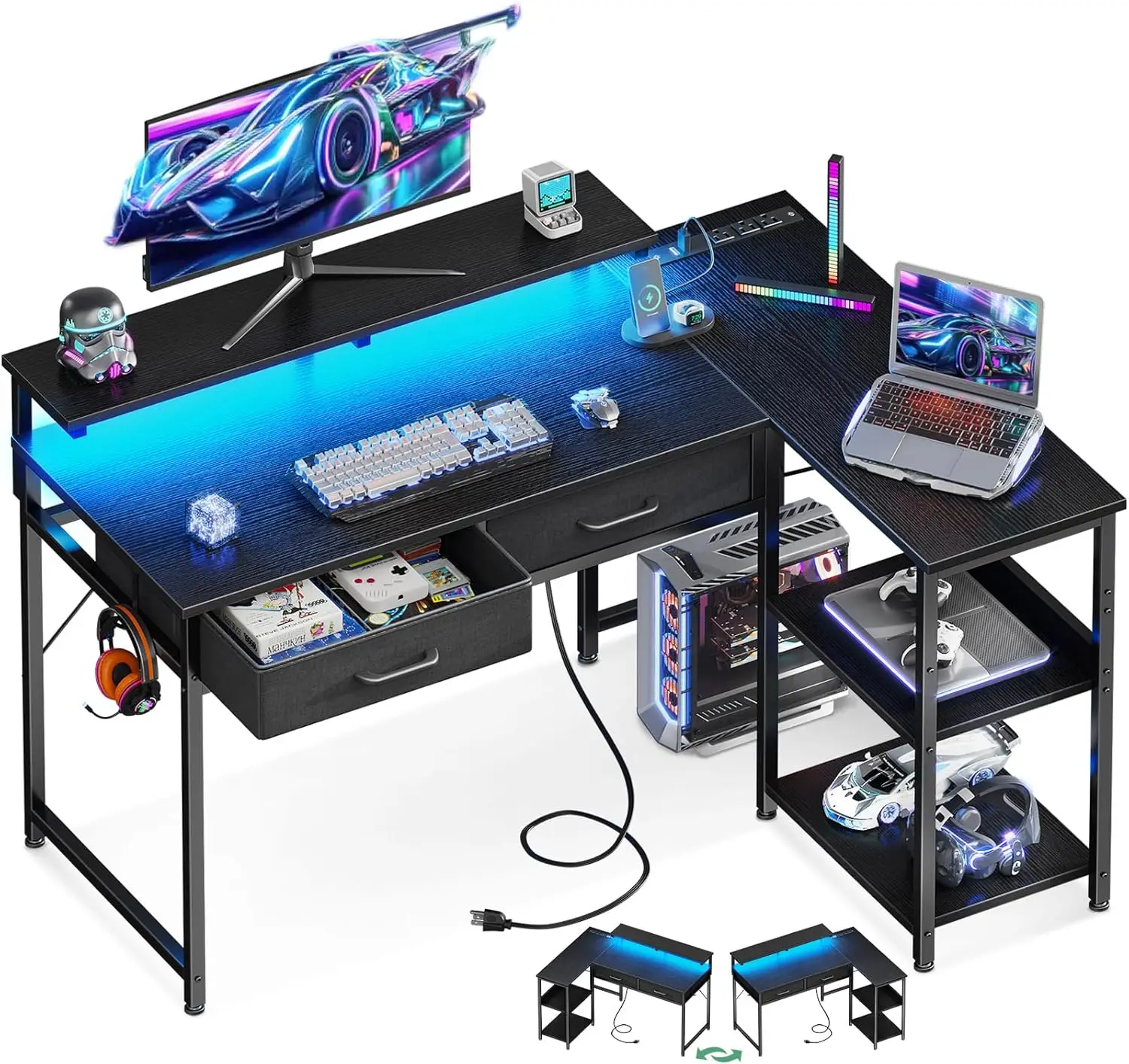 40 Inch L Shaped Gaming Desk with 2 Drawers & Storage Shelves, Computer Desk with USB Ports, Study Writing Table for Bedroom, Si