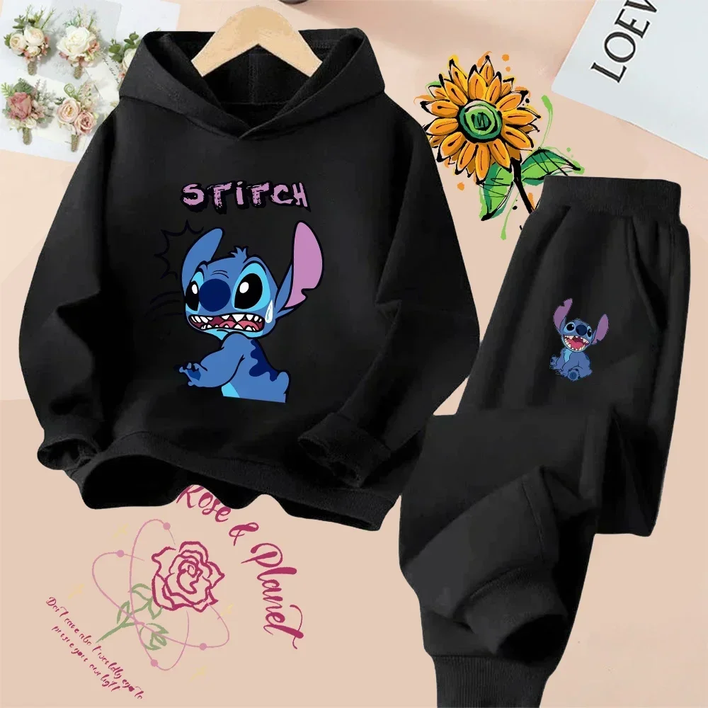 Disney Stitch Hoodie Boys And Girls Casual Long-sleeved Sweatshirt + Pant Set Children's Autumn Sweatshirt 3-15 Years Old