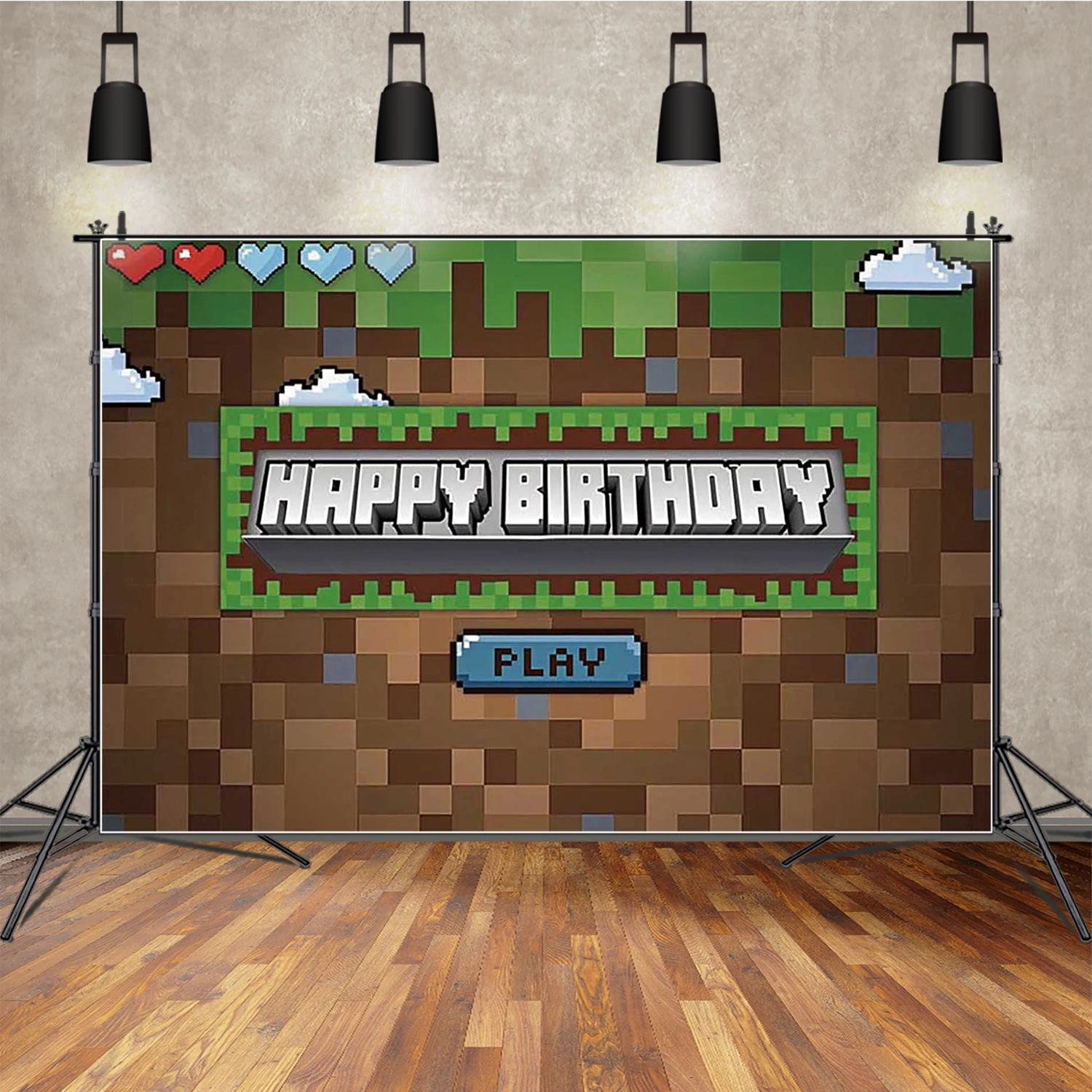 MOON.QG Pixel Game Interface Backdrop Happy Birthday Background Children Party Decorations Boys Photo Studio Banner Poster Wall