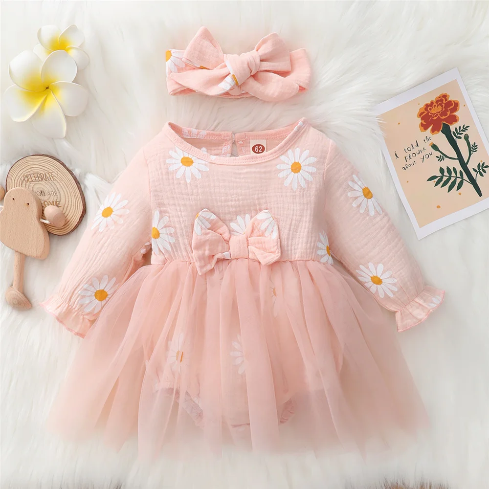 Newborn Baby Girls Cute Daisy Floral Long Sleeves Tulle Patchwork Bodysuit Holiday Party Pink Princess Dress