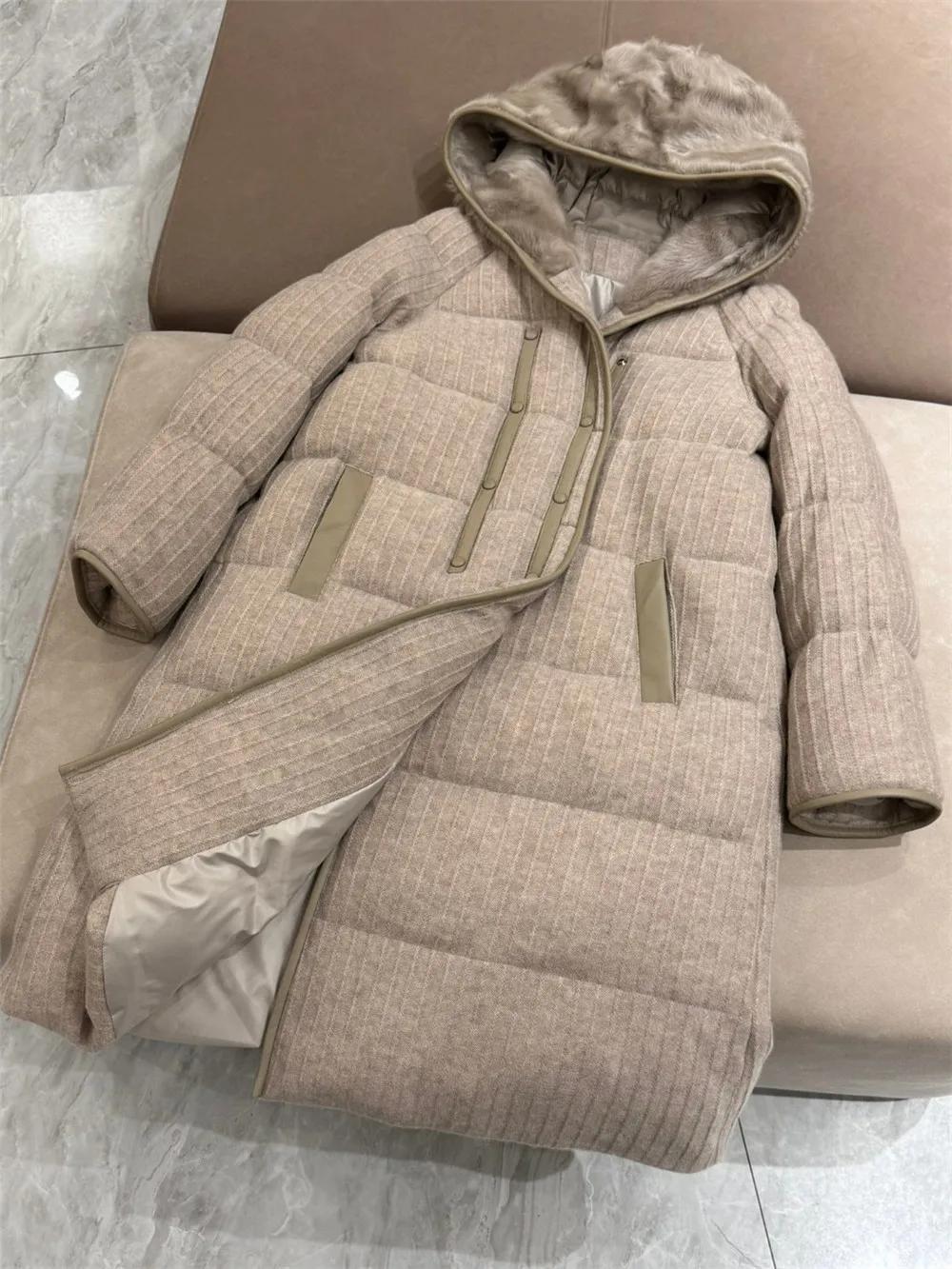 Winter L*P Women\'s Cashmere Knitted Lamb Wool Hooded Goose Down Jacket Female Thick Soft Super Warm Mid- Long Down Outerwear Coa