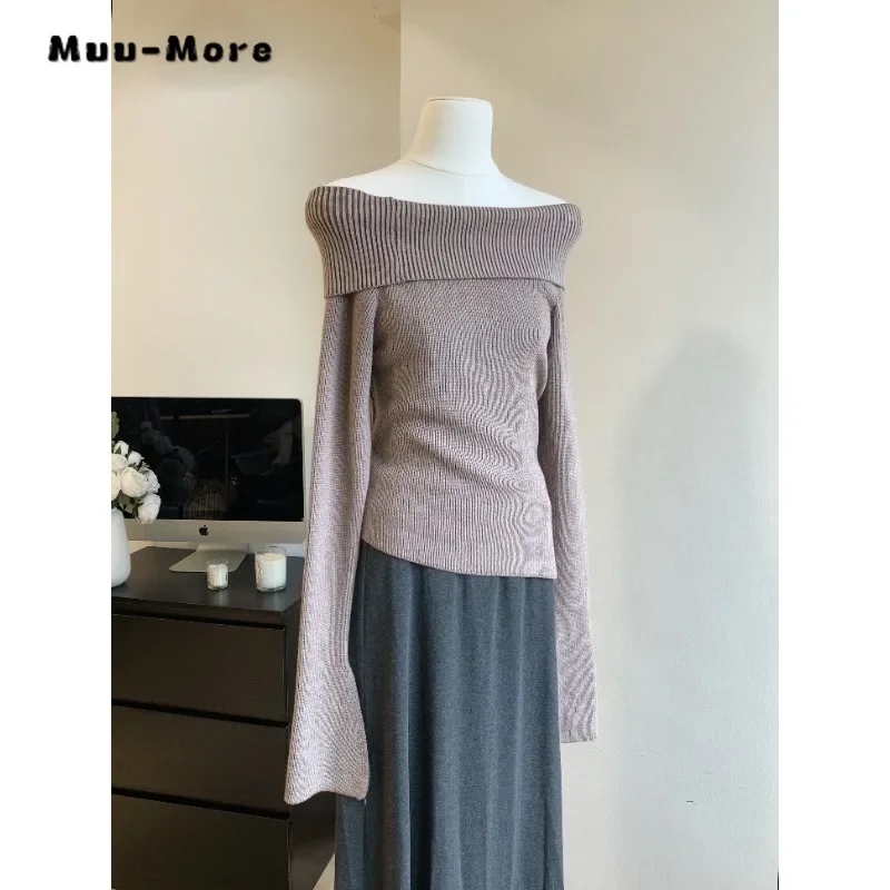 Fashion Simple Classical Knitted Sweater Boat Neck Off Shoulder Long Sleeve Pullovers Flare Sleeve Autumn Winter Y2K Streetwear