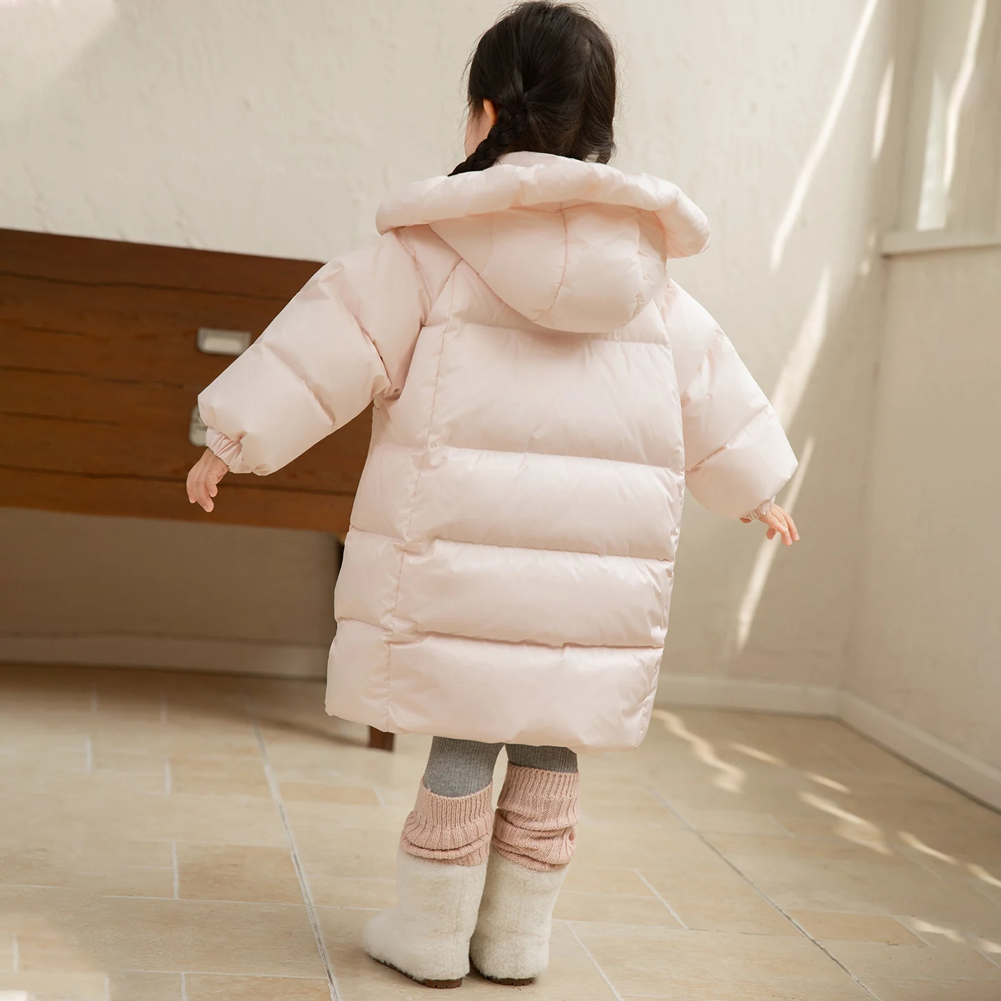 2-11Y الفتيات طويلة الوردي الأسود الأزرق أسفل سترة قطن الشتاء مقنعين الخصر Cinching الحلو بلون لطيف كليب على معطف دافئ القطن