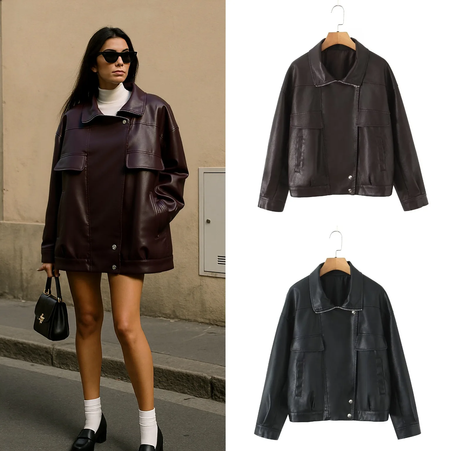 

Spring Autumn Zipper Jacket Coat Outwear Female High Qualit Women Loose Motorcycle Biker Black Pu Faux Leather Oversized Jacket