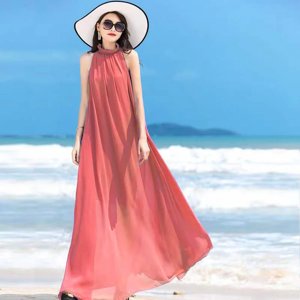 Long Dress Sleeveless Pleated Women Beach Dresses Solid Soft Chiffon Maxi Dress Ladies Cover Ups 11 Colors Beachwear Woman