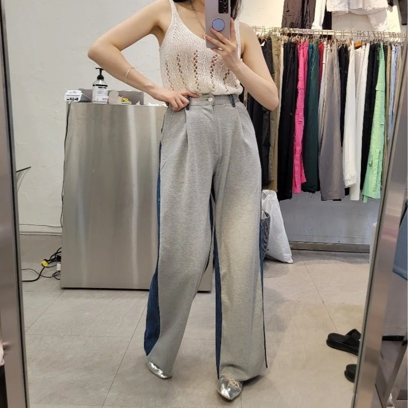 

Casual Patchwork Denim Elastic Waist Pants High Waist Long Trousers for Women in Their Early 20s Four Seasons Universal