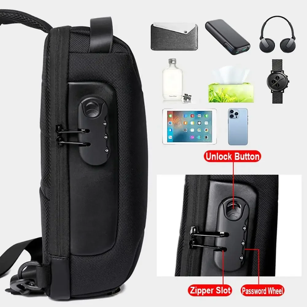 Sac de poitrine à bandoulière pour hommes, sacs à bandoulière décontractés, chargement USB, sport lancé, antivol, voyage, messager, sac à bandoulière, grande capacité