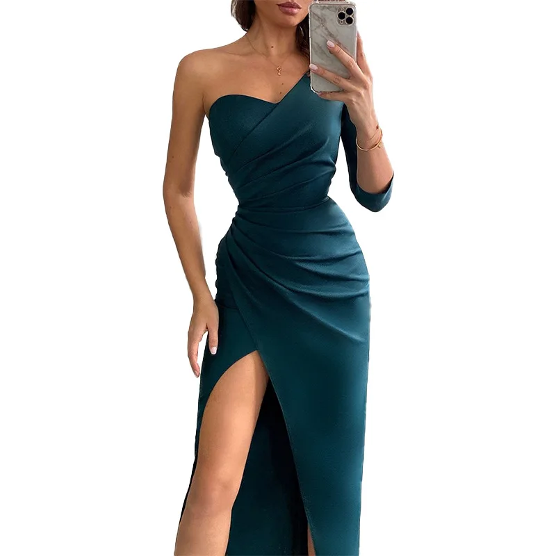 Avondjurken Voor Vrouw Effen Kleur Een Schouder Sexy Jurk Side Slit Strakke Enkele Mouw Lange Rok Formele Prom Party jassen