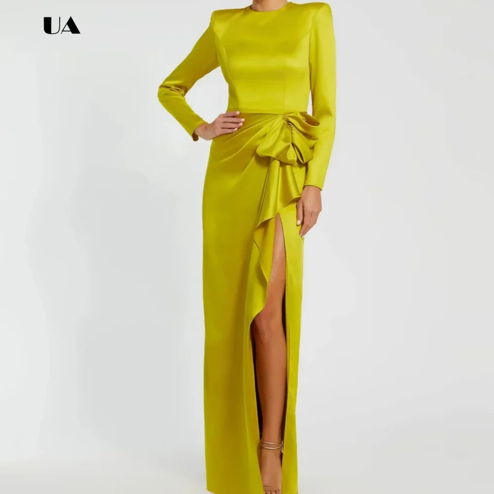 Vestido de fiesta de columna drapeado simple con hombro regular, vestido de noche personalizado de satén, vestido de fiesta sólido con lazo estructurado