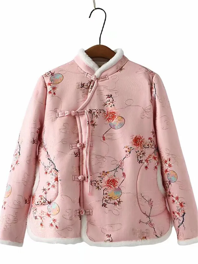 Casaco de inverno quente feminino com design de flores estilo chinês, jaqueta espessa, algodão e pelúcia por dentro, roupas plus size