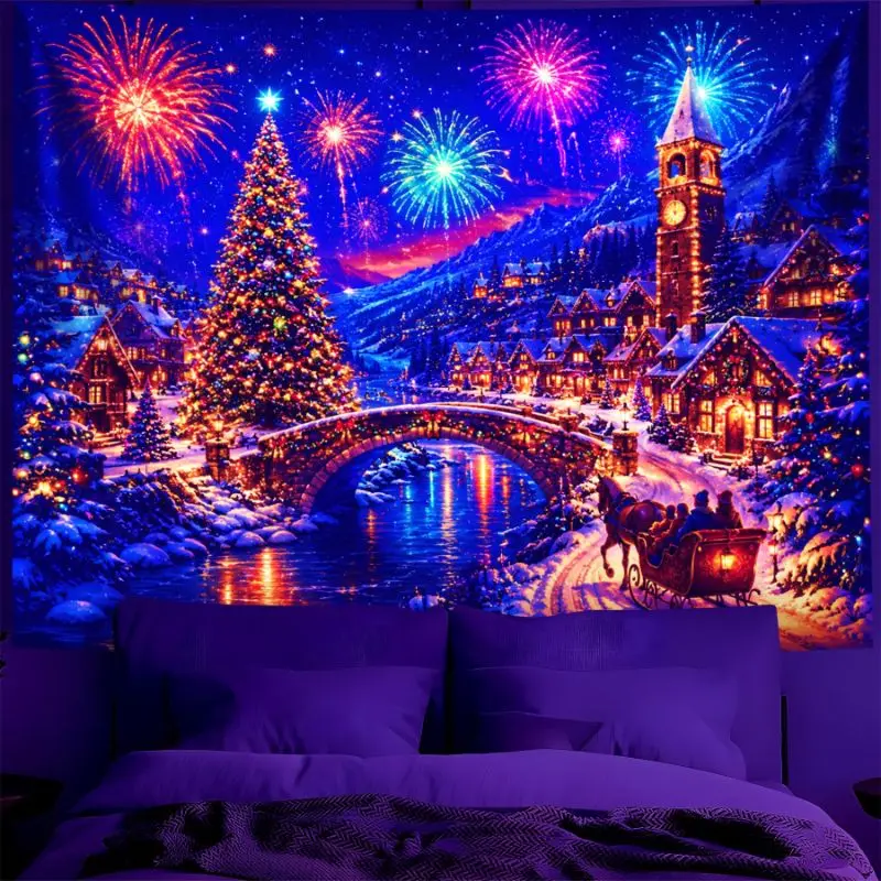 VIKAMA Christmas Snow Town Tapestry, Winter Wonderland Wall Hanging, Holiday Wall Decor for Bedroom Living Room Decoration