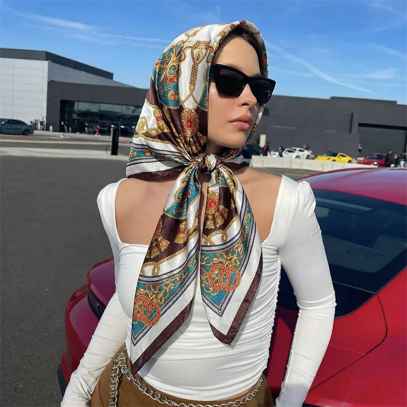 

90*90cm Square Silk Scarf Women Luxury Brand Satin Print Hijab Scarves Muslim Pareo Bandana Female Shawl Wrap Headband Foulard