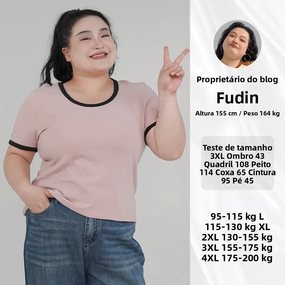 Camiseta Feminina Fuyin Boche Tamanho Grande, Nova Coleção Verão, Estilo Retrô Color Block, Blusa Solta de Algodão Manga Curt...