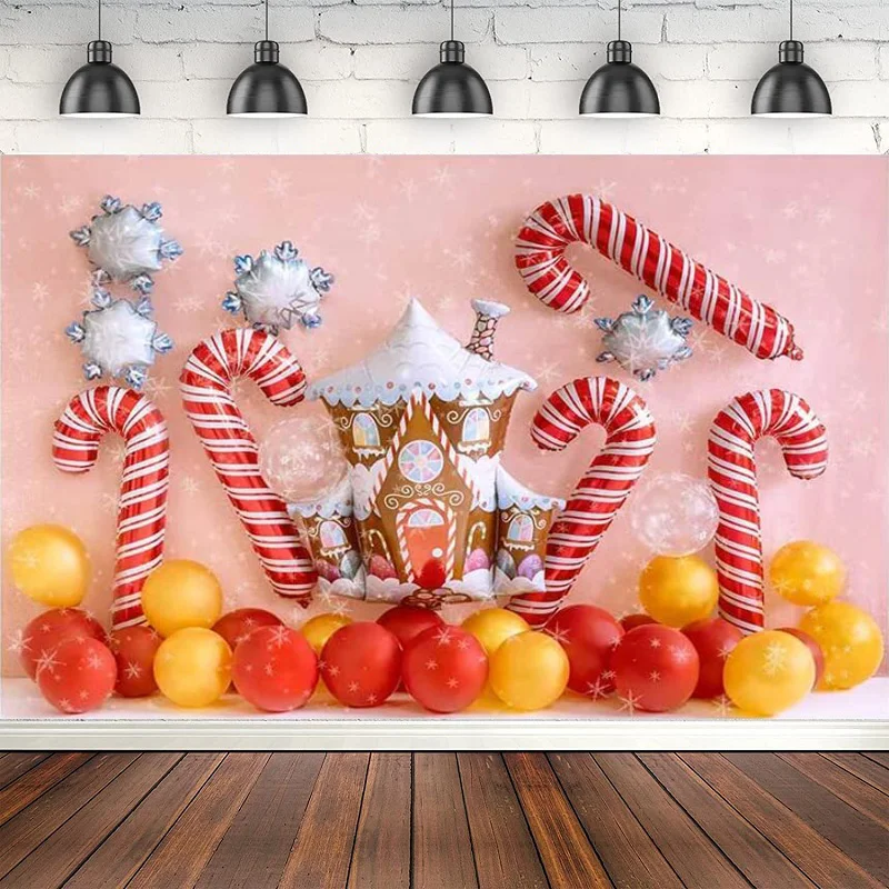 Gingerbread House Candy Photography Backdrop Pink Snowflake Wall Balloons Background Props Children Baby Shower Birthday Party