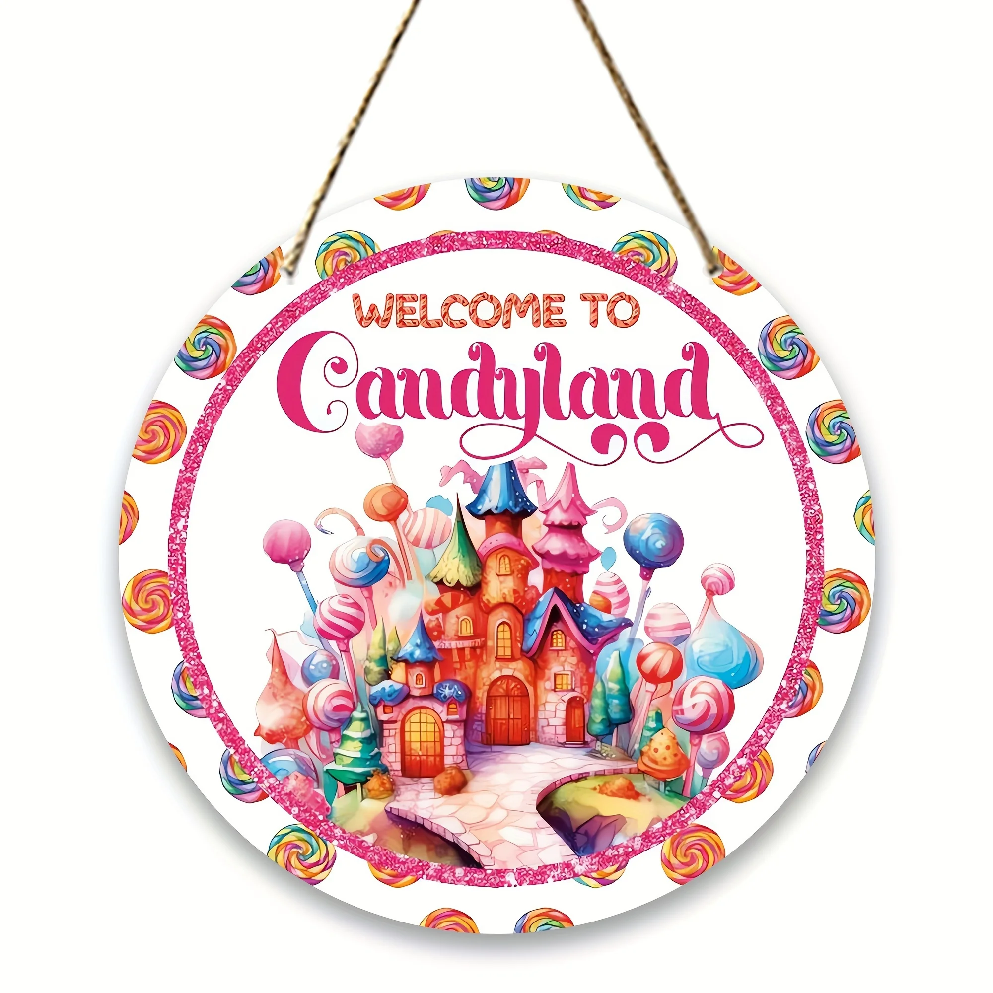 Un letrero redondo de madera con las palabras "Bienvenido al Candy World": con un único diseño de casa de pan de jengibre y vortex de caramelo