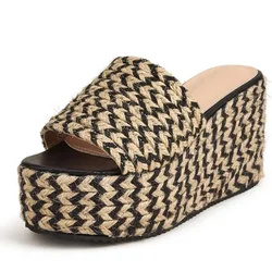 Fashion Women Slippers Wisteria Wedges Round Toe Slip-On Street Style Korean Style Platform Weave Mixed Colors Women Shoes New