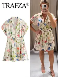 TRAFZA Summer Print Dress For Women 2024 Silk Texture V Neck Single Breasted Short Dresses Woman Belt Beach Style Female Dress