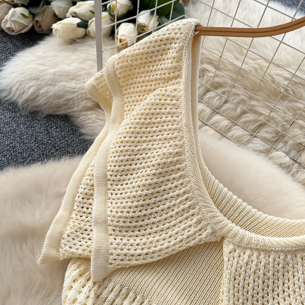 Frauen Ausschnitt Strickkleider Knöchellanges Schlitzkleid Peter Pan Kragen Ärmellose Taille Y2k Streetwear Party Elegant 2025, Herbst