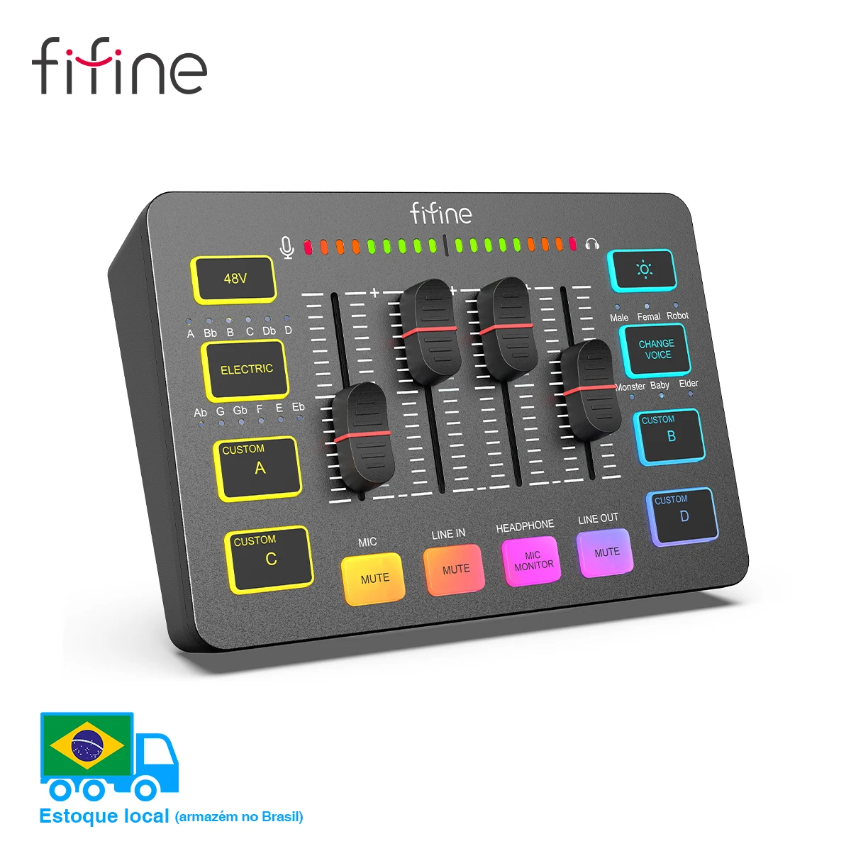 Mixer de jogos USB FIFINE com interface de microfone XLR, 48V Phantom Power, RGB, placa de som para podcasting streaming AmpliGame SC3