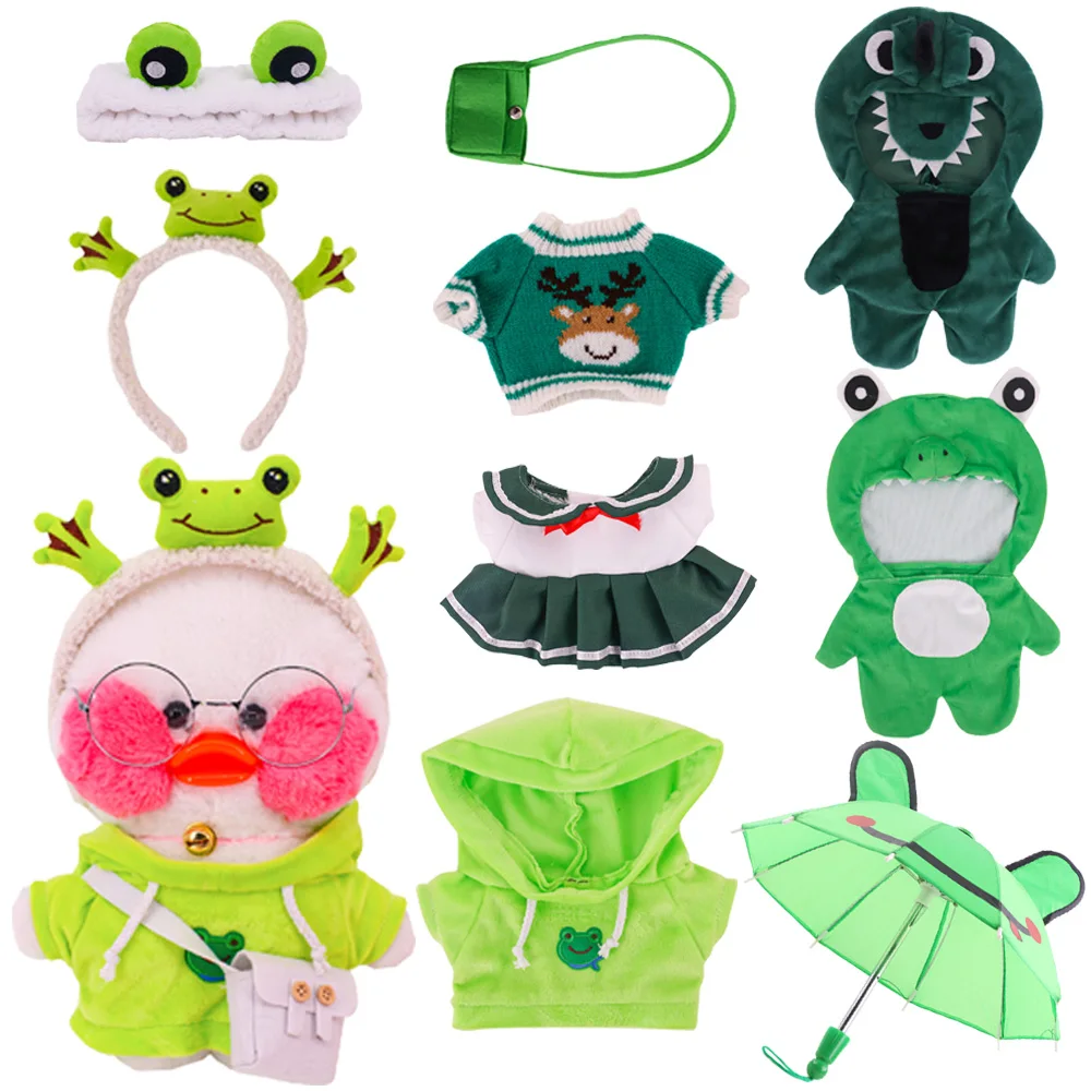 30Cm Lalafanfan Gele Eend Pluche Dier Kleren Groene Serie Kawaii Leuke Hoodie Trui Uniformen Kikker Hoofdtooi Kinderen Geschenken