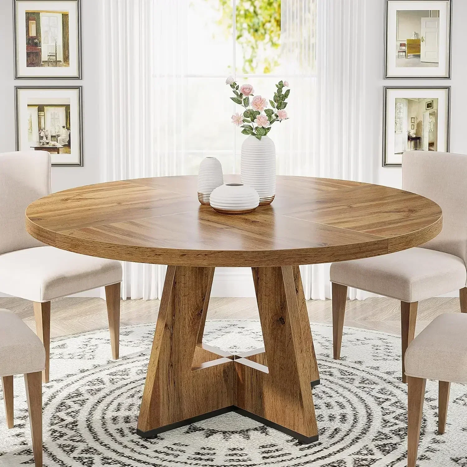 Round Dining Table Wood Kitchen Table for Dining Room Living Room,Farmhouse Dinner Table with Wooden Tabletop , (Only Table)