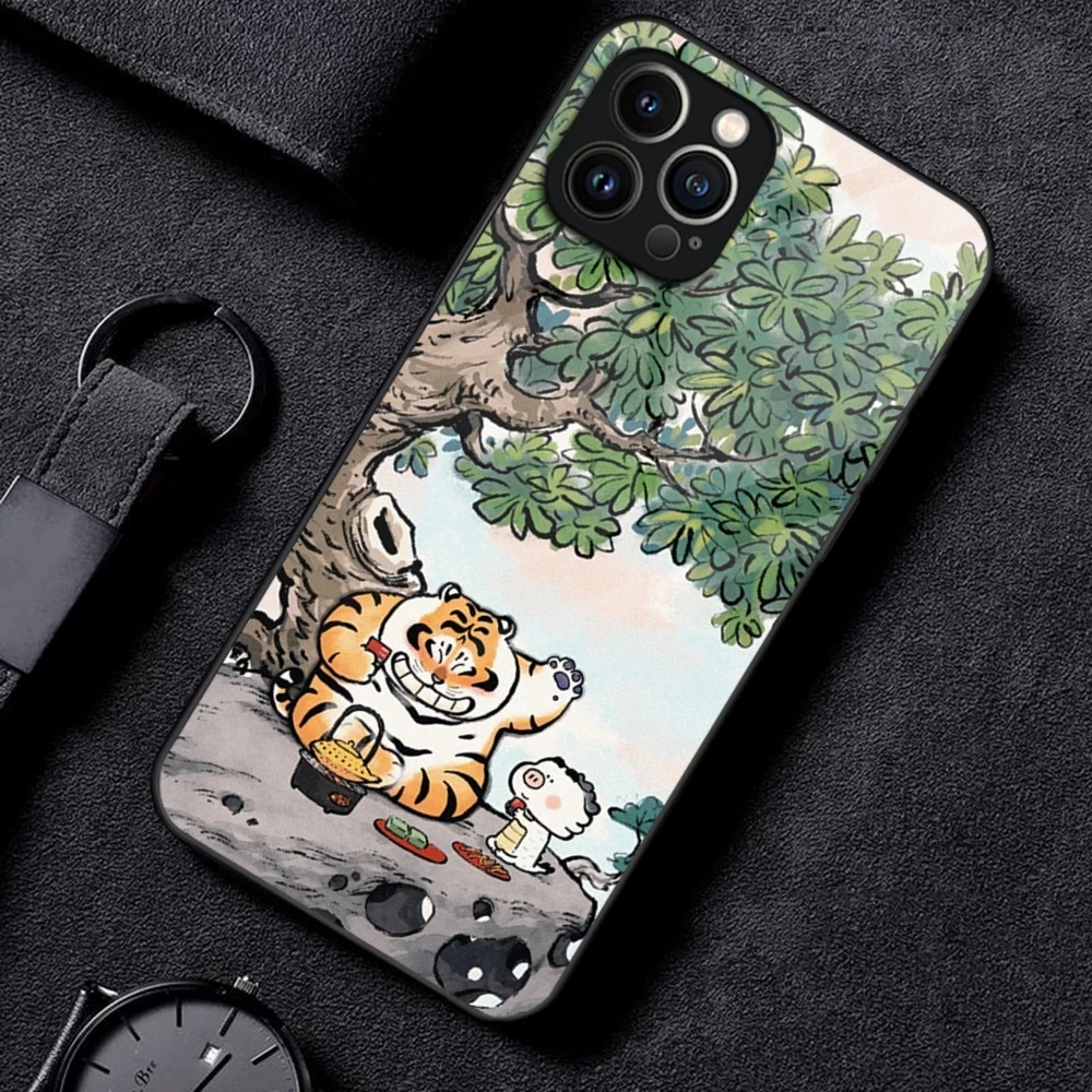 Cute Fat Tiger Phone Case For iPhone 15 13 14 12 16 11 Pro XS Max Plus Mini X XR SE2020 Tempered Glass Coque