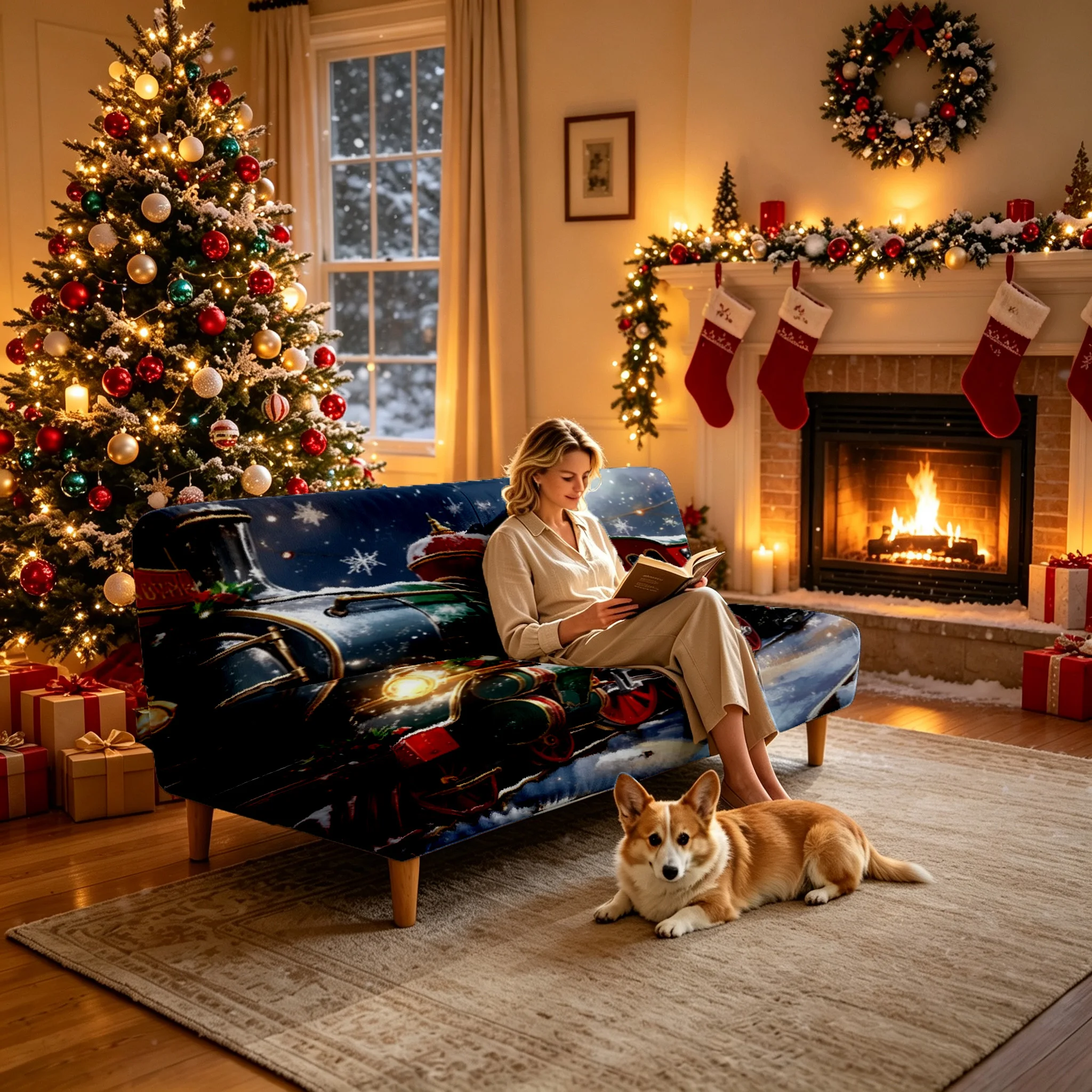 1PC Christmas Train Snow Landscape Printed Elastic Folding Sofa Bed Cover, Holiday Decoration for Armless Sofa cover