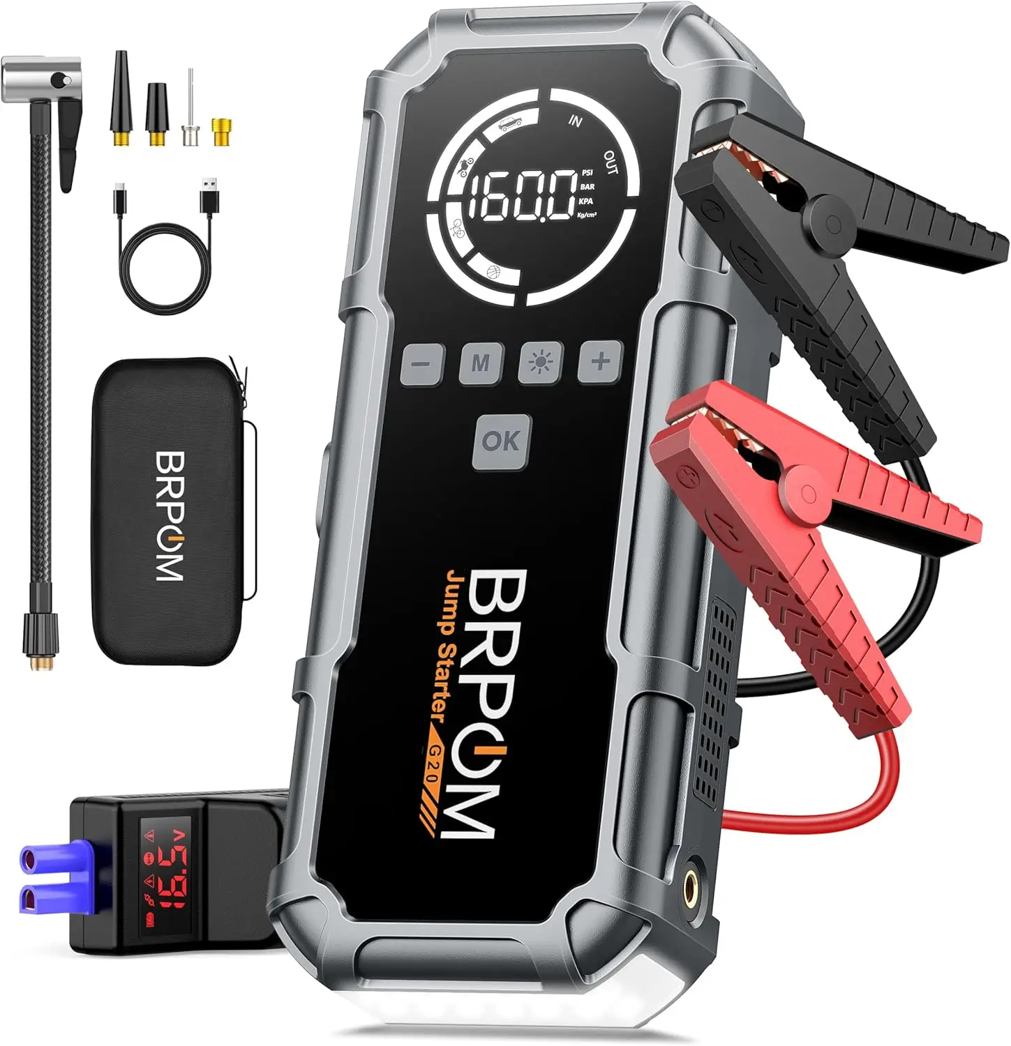 

8000A Portable Car Jump Starter with Air Compressor, 160PSI Power Pack, LCD Screen & Emergency Light