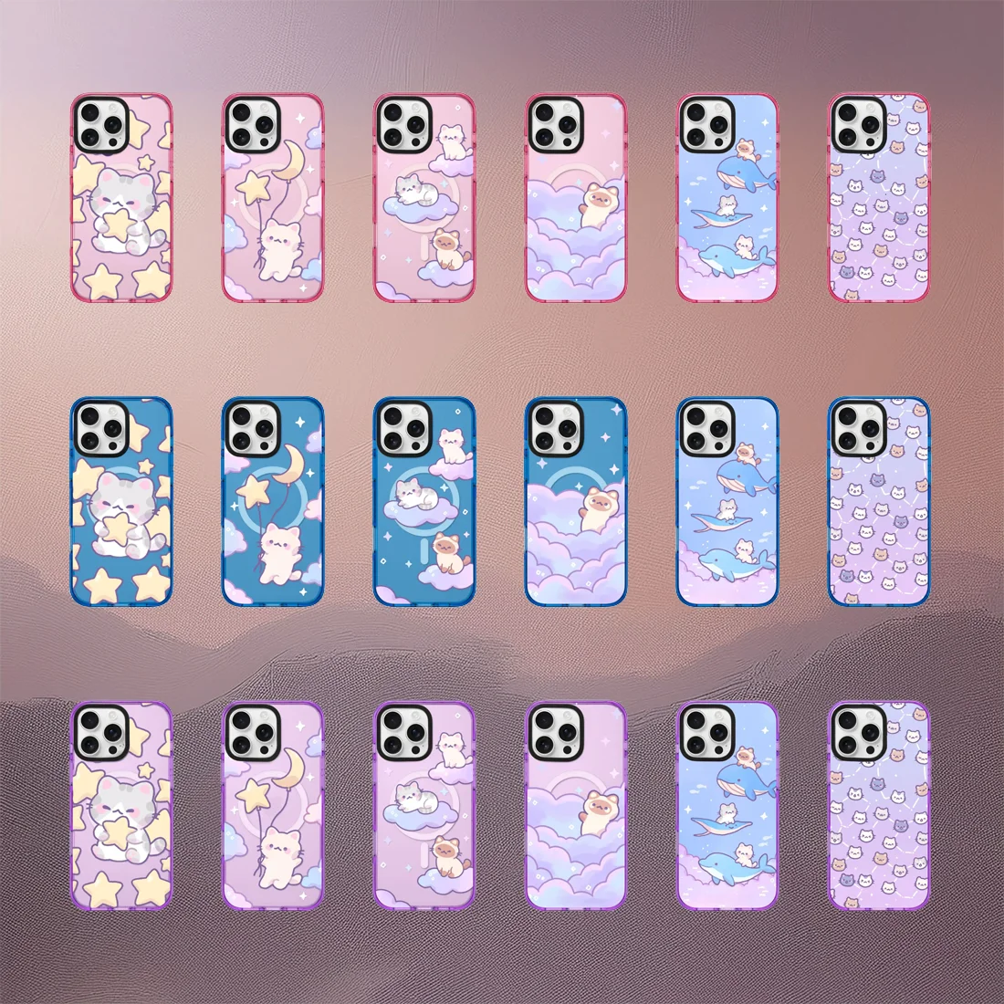 

Blue Purple Pink Glitters Border Magnetic Phone Case Cover for IPhone 16 15 14 13 12 Pro Max Case Lovely Cat Dolphin