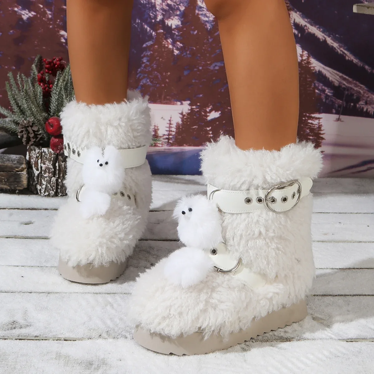 Korean Style Cute Lamb Wool Warm Snow Boots, New Winter Thickened Fleece Round Toe Slip-On Short Boots for Women