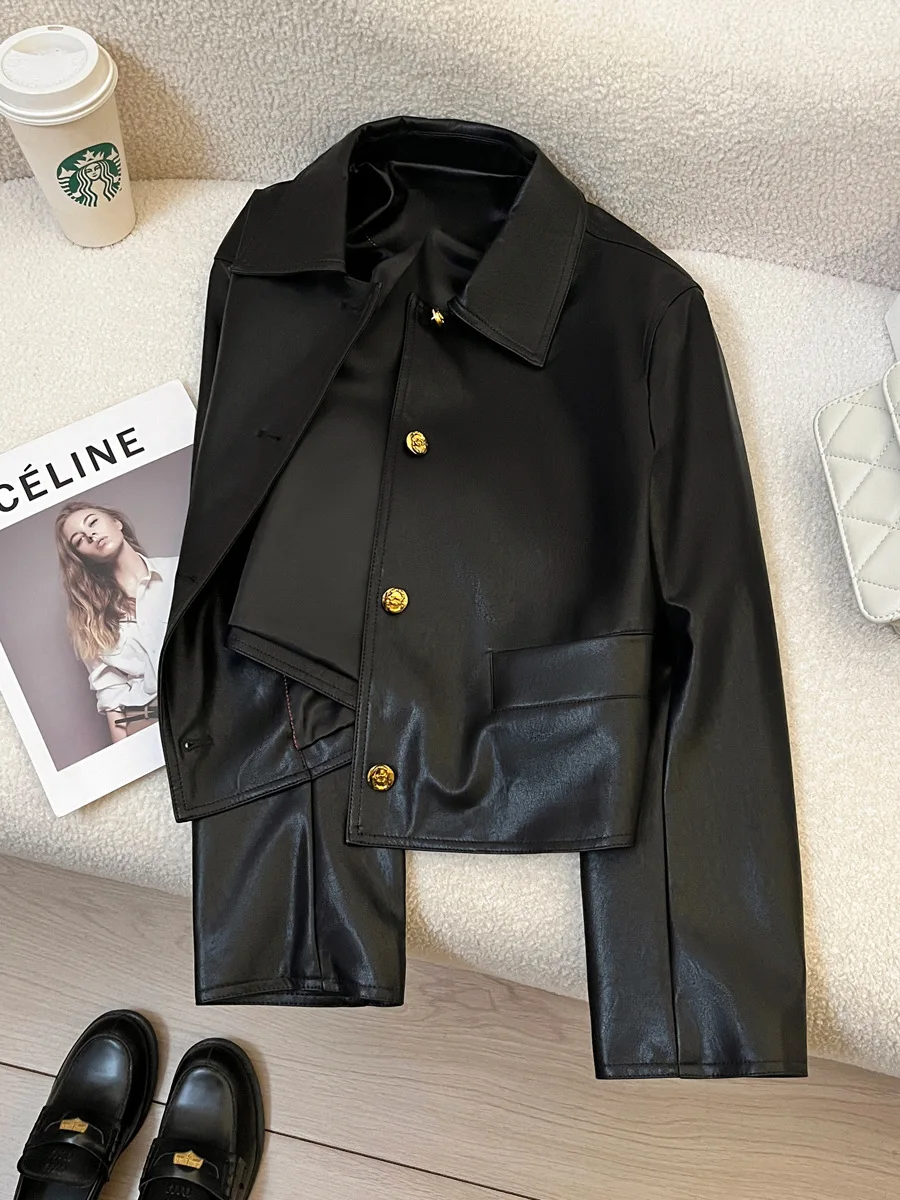 Autumn and winter women's casual solid color lapel long sleeved pocket decoration short jacket